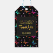 Farbenfrohe Schmetterlingsmuster auf schwarz Danke Geschenkanhänger (Vorderseite)