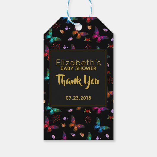 Farbenfrohe Schmetterlingsmuster auf schwarz Danke Geschenkanhänger (Vorderseite)
