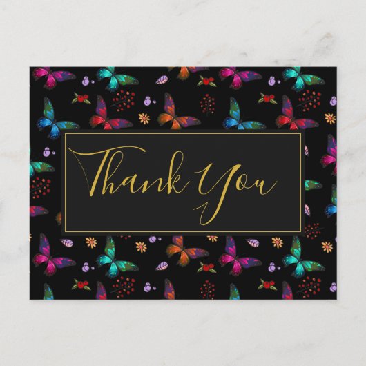 Farbenfrohe Schmetterlingsmuster auf schwarzem Par Postkarte (Vorderseite)