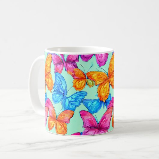 Farbenfrohe Schmetterlingsmuster Kaffeetasse (Vorderseite Links)