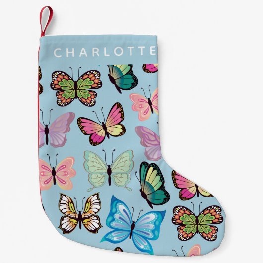 Farbenfrohe Schmetterlingsmuster Pastellblau Indiv Kleiner Weihnachtsstrumpf (Vorderseite)