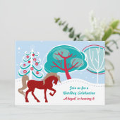 Farbenfrohe Schnee Winterferienpferd Einladung (Stehend Vorderseite)