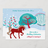 Farbenfrohe Schnee Winterferienpferd Einladung (Vorne/Hinten)