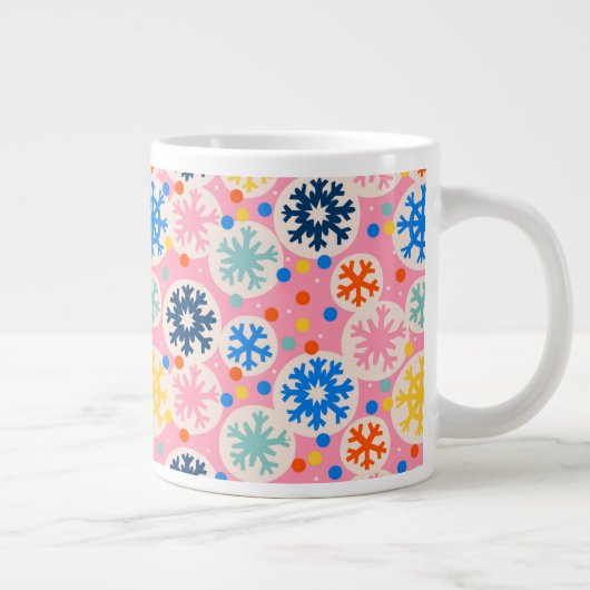 Farbenfrohe Schneeflocken im rosa Urlaubsmuster Jumbo-Tasse (Rechts)