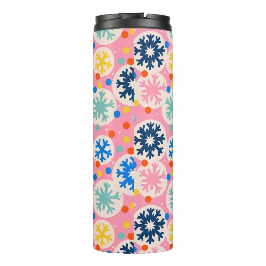 Farbenfrohe Schneeflocken im rosa Urlaubsmuster Thermosbecher (Rückseite)