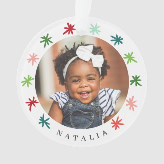 Farbenfrohe Schneeflocken Kinder 2 Fotos Name Weih Ornament (Vorderseite)