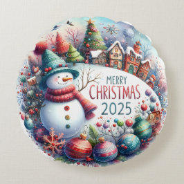 Farbenfrohe Schneemann & Ornamente Weihnachten Kis Rundes Kissen