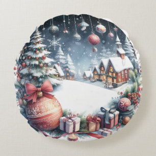 Farbenfrohe Schneemann & Ornamente Weihnachten Kis Rundes Kissen