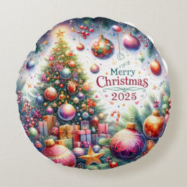 Farbenfrohe Schneemann & Ornamente Weihnachten Kis Rundes Kissen