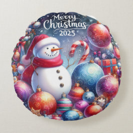 Farbenfrohe Schneemann & Ornamente Weihnachten Kis Rundes Kissen