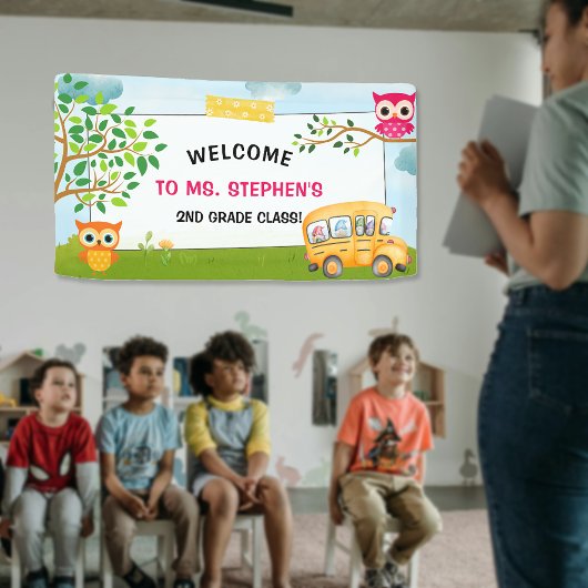 Farbenfrohe Schulbuslehrerin Klassenzimmer Begrüßu Banner