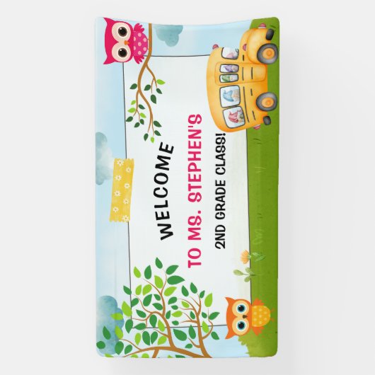 Farbenfrohe Schulbuslehrerin Klassenzimmer Begrüßu Banner (Vertikal)