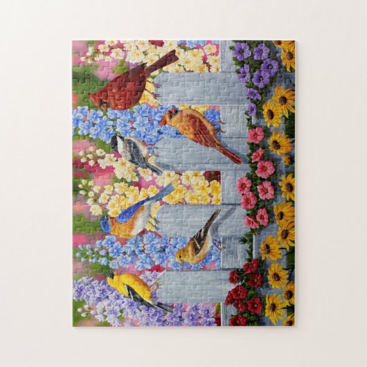 Farbenfrohe Schwangvögel im Frühlingsblumengarten Puzzle (Vertikal)