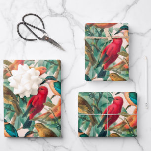 Farbenfrohe Schwangvögel und Muster für grüne Blät Geschenkpapier Set