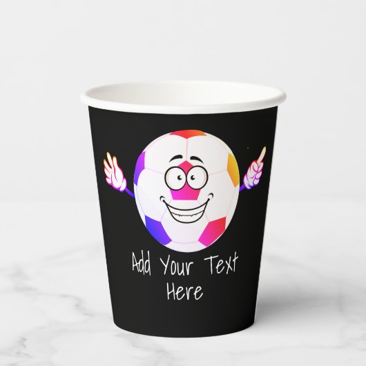 Farbenfrohe schwarz-weiße Fußball lustiges Gesicht Pappbecher (Rückseite)