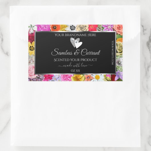 Farbenfrohe schwarze Blumenmarken mit Herz Rechteckiger Aufkleber (Tasche)