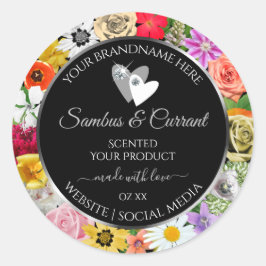 Farbenfrohe schwarze Blumenmarken mit Herz Runder Aufkleber