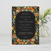 Farbenfrohe Schwarze Flora Hochzeit Einladung (Stehend Vorderseite)