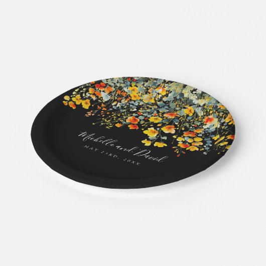 Farbenfrohe Schwarze Flora Hochzeit Pappteller (Schrägansicht)