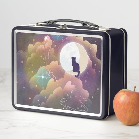 Farbenfrohe schwarze Katze Crescent Moon Metall Brotdose (Beispiel)