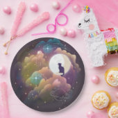 Farbenfrohe schwarze Katze Crescent Moon Pappteller (Party)