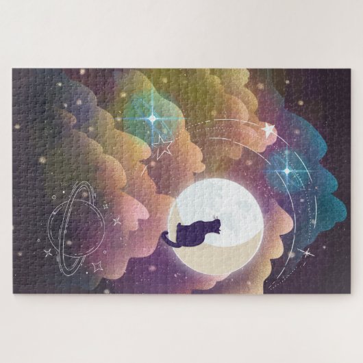 Farbenfrohe schwarze Katze Crescent Moon Puzzle (Horizontal)