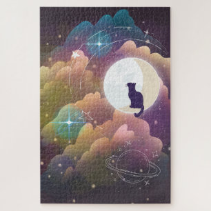Farbenfrohe schwarze Katze Crescent Moon Puzzle