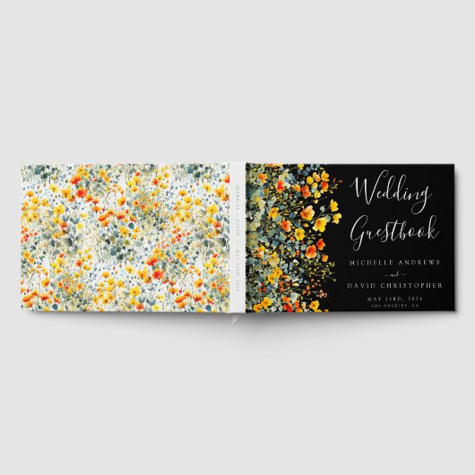 Farbenfrohe Schwarze Wasserfarbe Blumenzehen Gästebuch (Voll)