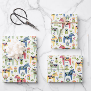 Farbenfrohe schwedische Dala-Pferde Geschenkpapier Set