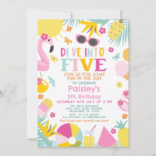 Farbenfrohe Schwimmbad Party Tauchen in 5. Geburts Einladung (Vorderseite)