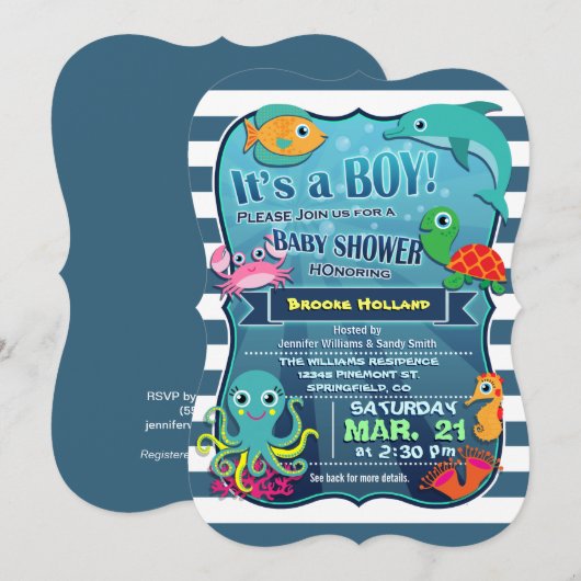 Farbenfrohe Sea Life Boy Kinderdusche Einladung (Vorne/Hinten)