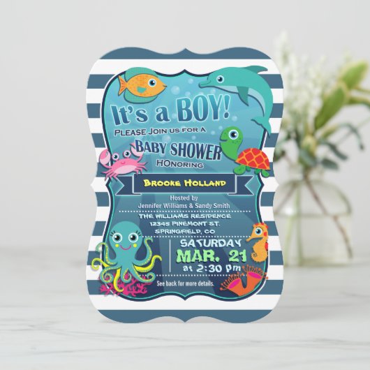 Farbenfrohe Sea Life Boy Kinderdusche Einladung (Stehend Vorderseite)
