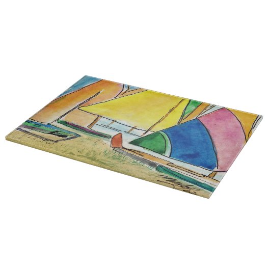 Farbenfrohe Segelboote auf der Strandhaube Schneidebrett (Ecke)