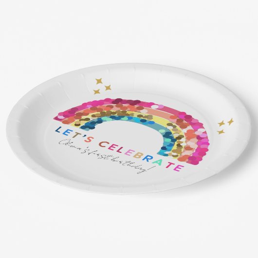 Farbenfrohe Sequin Regenbogengeburt jedes Alters Pappteller (Schrägansicht)