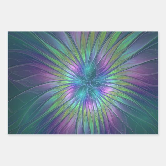 Farbenfrohe Shiny Fantasy Blume Abstraktes Fraktal Geschenkpapier Set (Vorderseite 3)