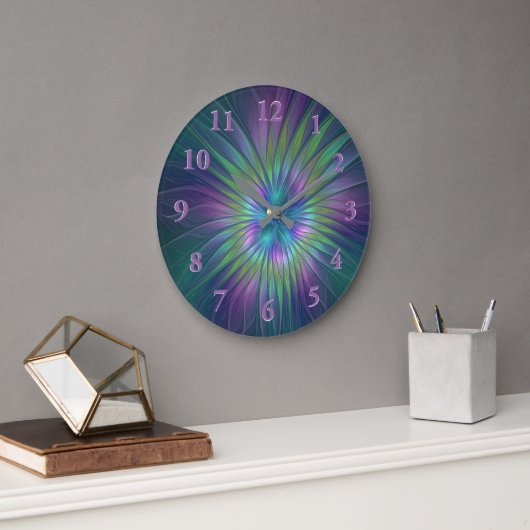 Farbenfrohe Shiny Fantasy Blume Abstraktes Fraktal Große Wanduhr (Büro)