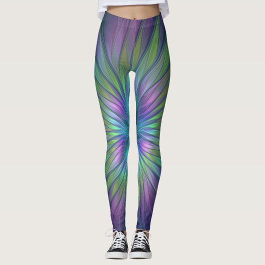 Farbenfrohe Shiny Fantasy Blume Abstraktes Fraktal Leggings (Vorderseite)