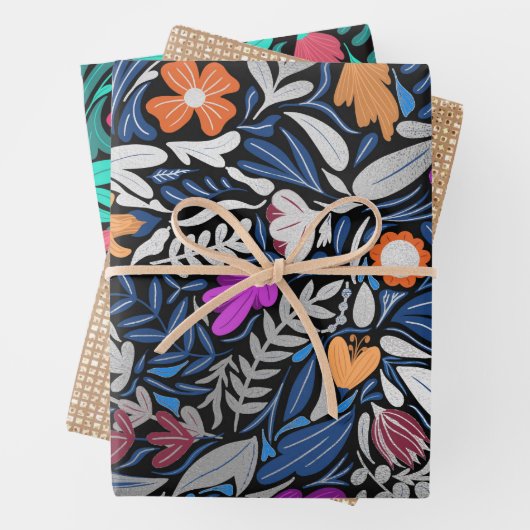 Farbenfrohe Silber-Floral Leaf Illustrationsmuster Geschenkpapier Set (Beispiel)