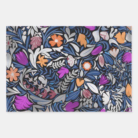 Farbenfrohe Silber-Floral Leaf Illustrationsmuster Geschenkpapier Set (Vorderseite)