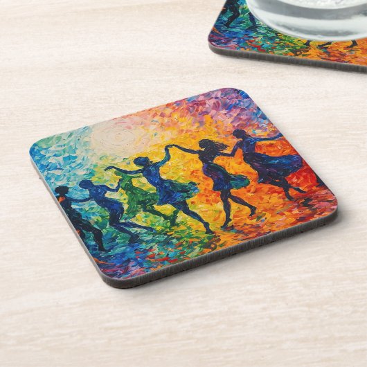 Farbenfrohe Silhouetten tanzen Getränkeuntersetzer (Linke Seite)