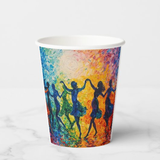 Farbenfrohe Silhouetten tanzen Pappbecher (Rückseite)