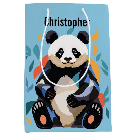 Farbenfrohe Sitzen Panda Bär Personalisierter Name Mittlere Geschenktüte (Vorderseite)