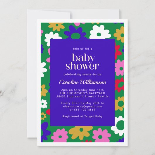 Farbenfrohe skandinavische Blume Grüne Babydusche Einladung (Vorderseite)