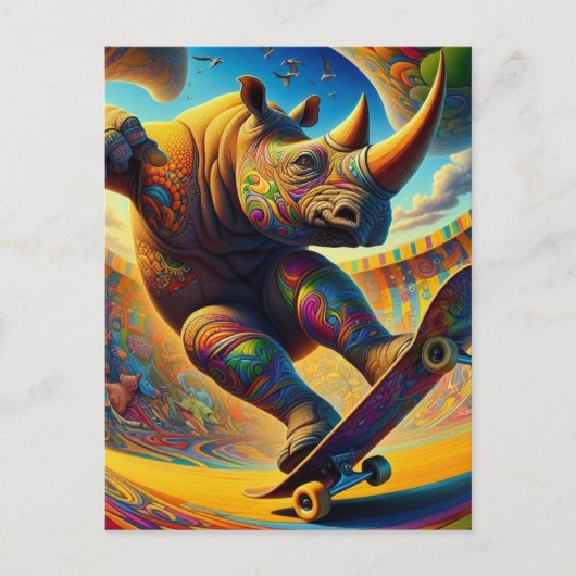 Farbenfrohe Skateboarding Rhino Postkarte (Vorderseite)