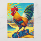 Farbenfrohe Skateboarding Rooster Postkarte (Vorderseite)