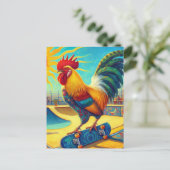 Farbenfrohe Skateboarding Rooster Postkarte (Stehend Vorderseite)