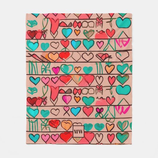 Farbenfrohe, skizzenhafte Herzen und Bänder, Monog Fleecedecke (Vorderseite)