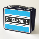 Farbenfrohe Sky Blue PICKLEBALL Sportstreifen Text Metall Brotdose (Rückseite)