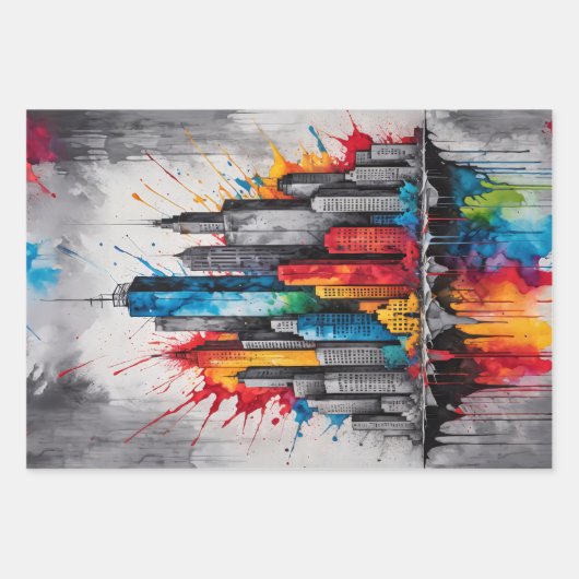 Farbenfrohe Skyline der Stadt mit Aquarellplätzen Geschenkpapier Set (Vorderseite 3)