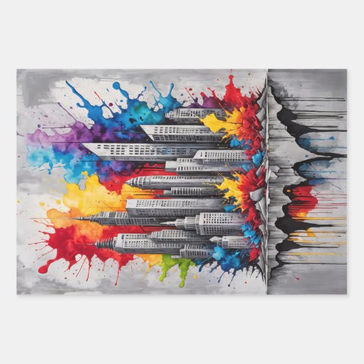 Farbenfrohe Skyline der Stadt mit Aquarellplätzen Geschenkpapier Set (Vorderseite 2)